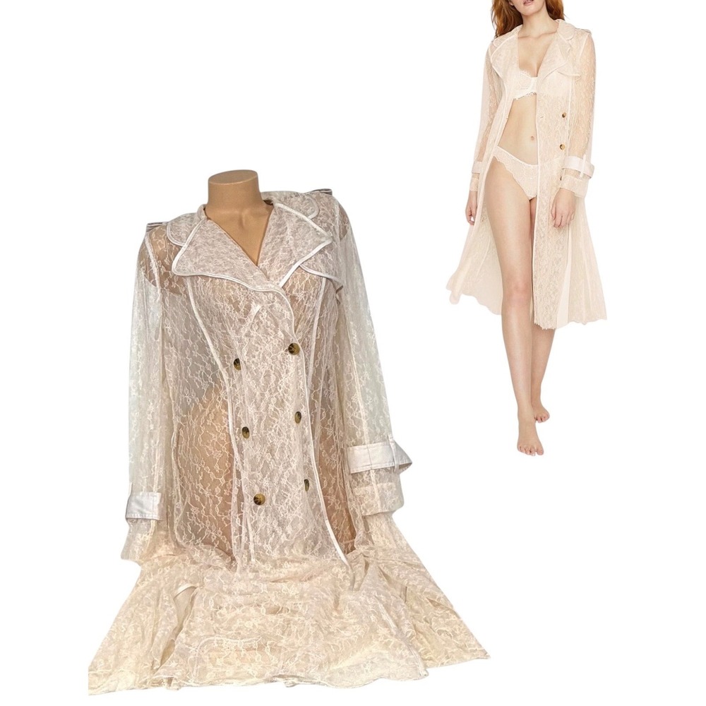 Victoria's Secret Women's Size M/L Ivory Floral Lace Sheer Trench Coat Robe NWT